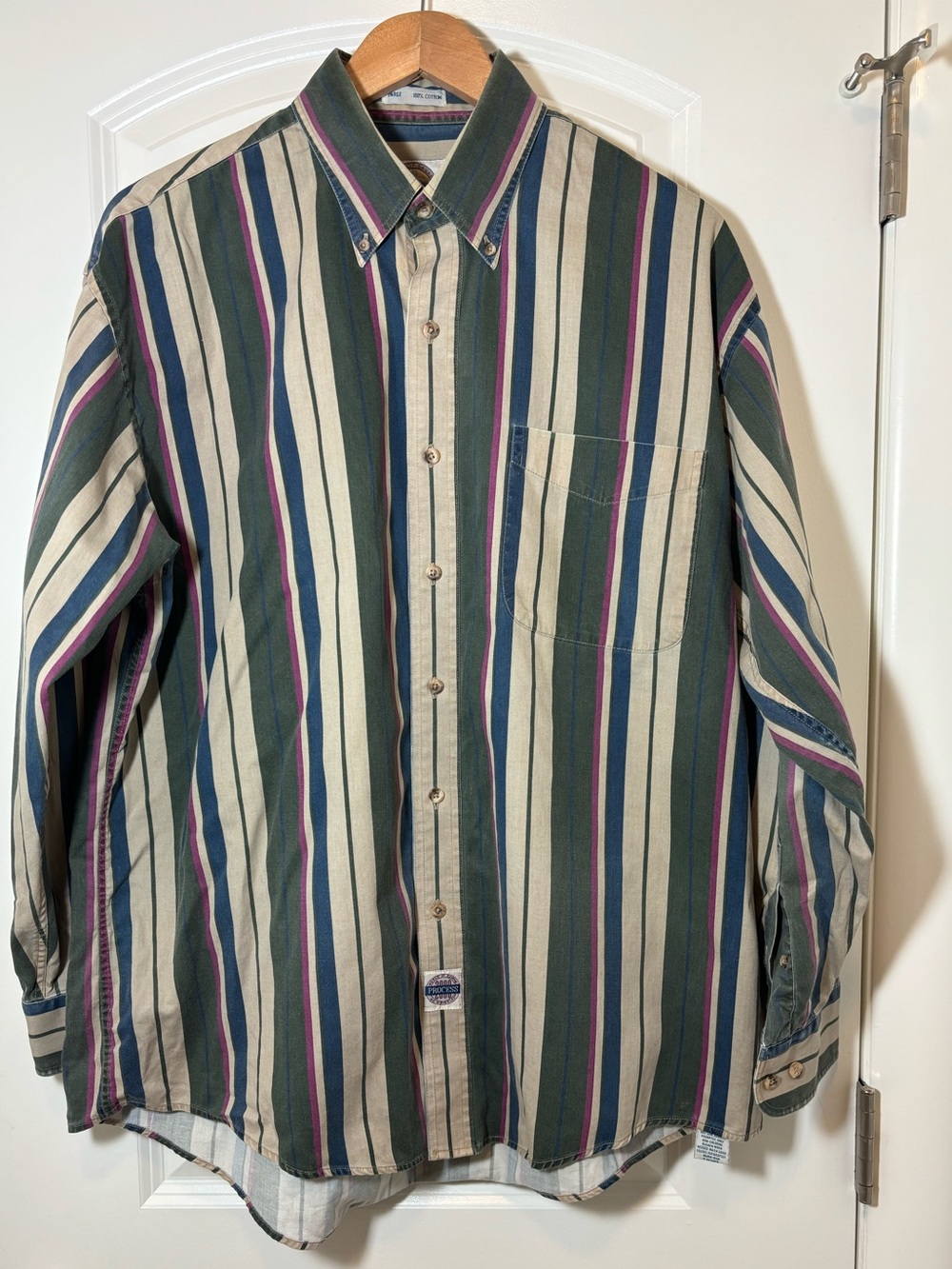 Savane Vertical Stripe Button-Down Shirt in Green, Cream & Blue #378